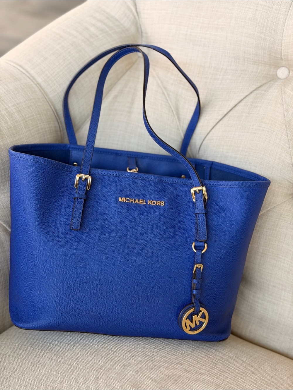 MICHAEL KORS Royal Blue Saffiano Leather Tote with Gold Hardware